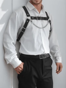 1 件男士黑色手工铆钉 PU 皮革肩章肩带，适合搭配紧身衬衫和 T 恤，适合万圣节外出装扮婚礼派对和礼物万圣节配饰，万圣节服装秋冬配饰万圣节服装，适合青少年、青年、男士、休闲、户外、运动、度假、毕业礼物、生日、日常穿着万圣节派对黑暗风格 - 黑色-防滑帶+鏈條(寬皮帶) - 查看 3