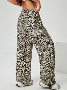 SHEIN PETITE Drawstring Waist, Flap Pockets, Side Parachute Cargo Leopard Print Pants - Multicolor - View 2