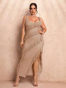SHEIN BAE Plus Size Women's Sling Ruffled Slit Elegant Fashion Long Dress
