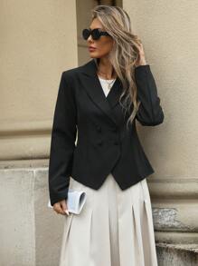 GENKIRA Phong cách đi lại thanh lịch đơn giản Áo blazer viền bất đối xứng - màu đen - Xem 2
