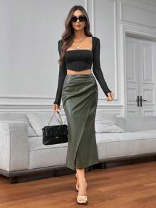 SHEIN Privé Women's Elegant Olive Green PU Fishtail Long Skirt,Autumn Pleated Tight Skirt For Office,Business Casual Fashion Commuting Versatile Fall Clothing - Green - View 4