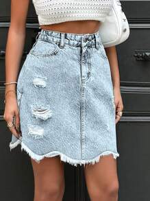 Cottnline FRAYED HEM ASYMMETRIC MINI SKIRT - Light Wash - View 5