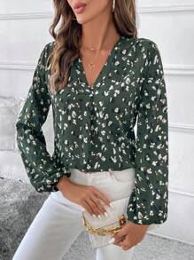 SHEIN Clasi Women's V-Neck Long Sleeve All-Over Print Elegant Winter Fall Women Clothes Thanksgiving Halloween Women Homecoming Work Clothes Date Night Fall Women Blouse,Long Sleeve Tops - Green - View 4