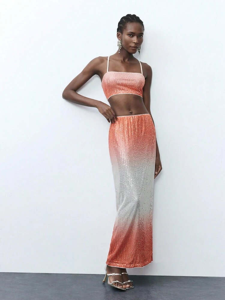 SHEIN Maija 2pcs Women Sequin Embellished Cami Top And Skirt Set