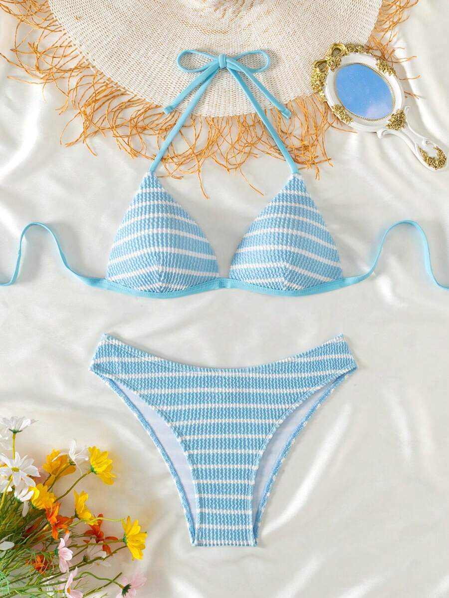 SHEIN Swim 女式夏季海滩航海风格蓝白条纹挂脖聚拢比基尼两件套泳衣 - 藍白色 - 查看 1
