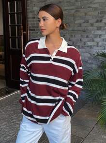 圣诞红条纹高领宽松长袖女式毛衣，秋季女装 - 酒紅色 - 查看 3