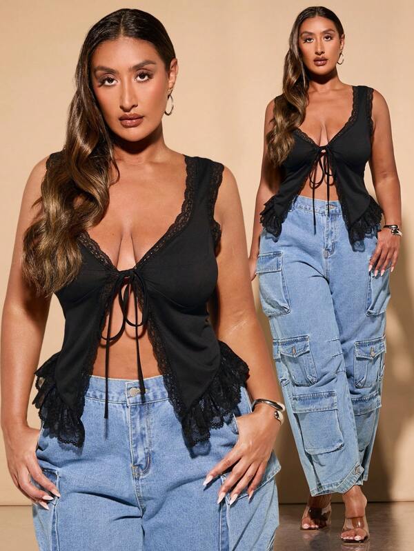 SHEIN BAE Plus Size Women's Contrast Lace Tie Front Dating Daily Tank Top