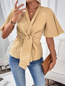 SHEIN LUNE Short Sleeve Solid Tie-Front Elegant Blouse For Summer - Khaki - View 5