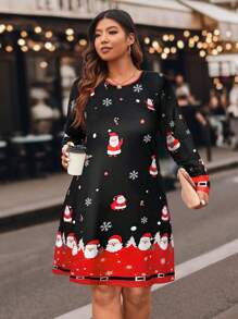 Calvaya 大码女式圣诞老人印花长袖连衣裙、圣诞装 - 彩色 - 查看 3