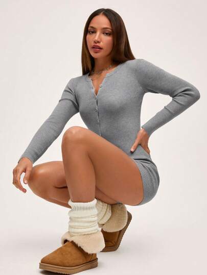 SHEIN BASICS 1 pièce Combinaison longue à manches longues avec zip et col rond de couleur unie pour femmes