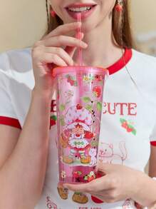 Strawberry Shortcake X SHEIN 650 Ml Cartoon Figure & Strawberry Pattern Transparent Double Layer Cup With Straw,Gift Ideas - Red - View 1