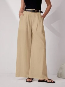 Mulvari Women's Casual Solid Color Wide Leg Pants - Beige - View 8