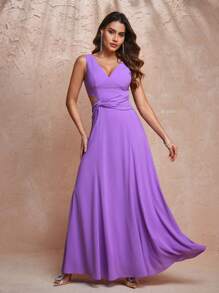 ACUSTOMFIT Designer Women's Solid Color V-Neck Side Waist Hollow Twist Long Elegant Chiffon Dress,Summer Elegant Dress