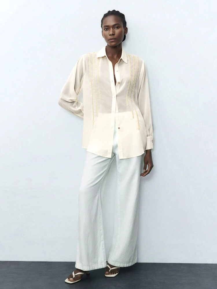 SHEIN Maija Women's Spring And Summer Casual Ribbon Stitching Long Sleeve Shirt