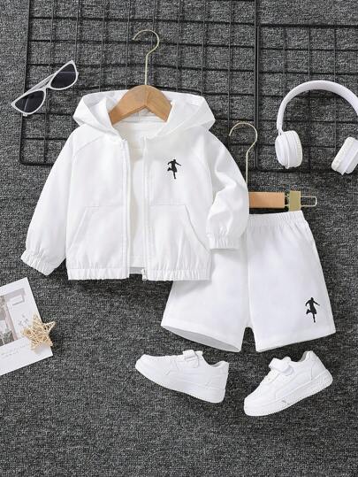 SHEIN Conjunto de chaqueta con capucha deportiva con cremallera y pantalón corto de unicolor para bebé niño, ropa de exterior diaria