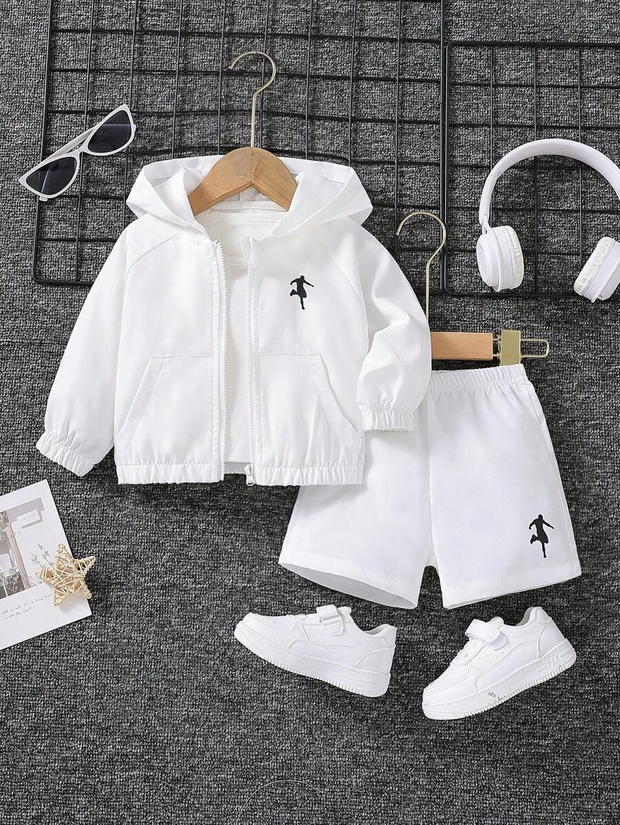 SHEIN Baby Boys' Solid Color Sporty Hooded Zip-Up Jacket And Shorts Set, Daily Outwear - White - View 1
