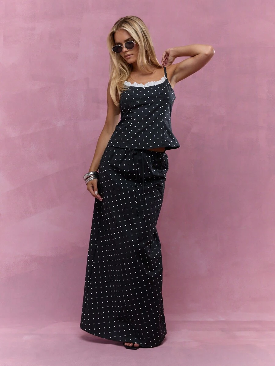 MISSGUIDED Lace Detail Polka Dot Cami Top And Maxi Skirt Two Piece Co-Ord Set