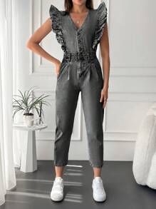 EURMUSE Ruffle Trim Button Front Denim Jumpsuit - Dark Grey - View 3