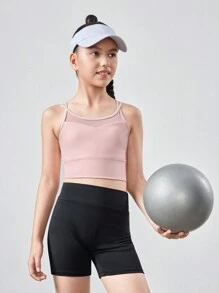 SHEIN 2pcs Tween Girls' Knit Contrast Mesh Strap Sports Top And Shorts Casual Set - Multicolor - View 2