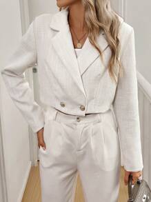 Chiquease Women's Solid Color Apricot White Tweed Short Cut Loose Open Double Breasted Cashmere Jacket Spring And Autumn Lined Long Sleeve Suit Tweed Overcoat - White - View 4