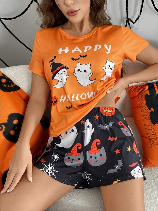 Halloween Theme Ghost & Pumpkin Print Women Pajama Set