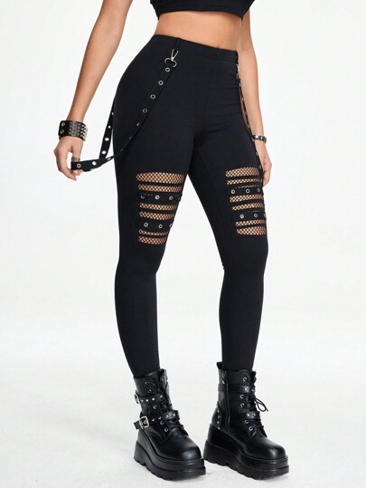 Grunge Punk Punk Style Hollow Out Metallic Buckle Embellished Skinny Leggings For Women, Detachable Waistband