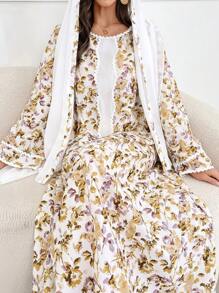 Al Najma Round Neck Floral Patchwork Solid Color Embroidered Trim Islamic Dress With Headscarf, Modest - White - View 7