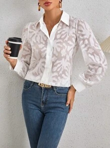 SHEIN Clasi Camisa elegante com mangas de mesh e bolhas, fechamento frontal com botões - Branco - Visão 6