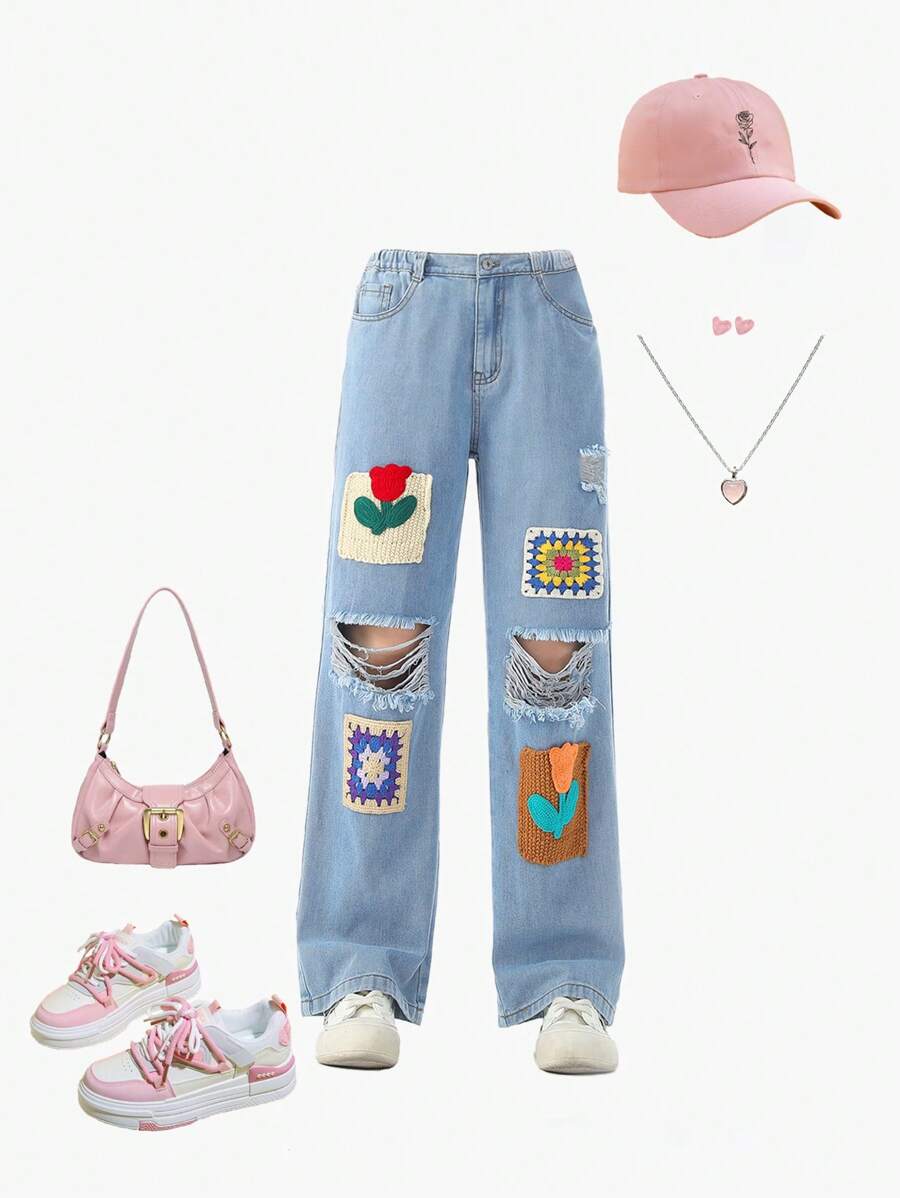 Teen Girls' Retro Heavy-Duty Distressed Jeans With Personalized Design Knitted Crochet Colorful Decoration - Light Wash - View 1
