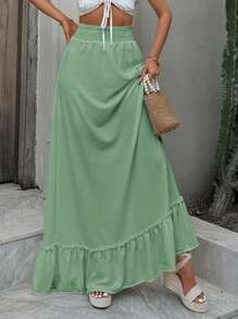 RueChic Frill Trim Shirred Detail Ruffle Hem Skirt