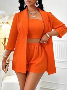 VaVaBold 女士休闲通勤纯色抹胸短裤披肩领前开襟外套套装三件套 - 亮橙色 - 查看 3