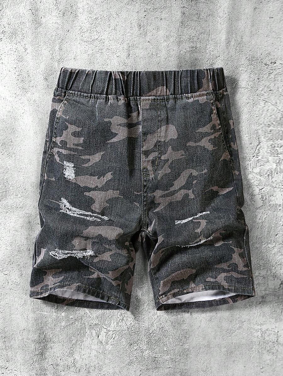SHEIN Tween Boy Distressed Cool Elastic Waist Ripped Frayed Loose Denim Camo Shorts,Versatile For Back To School Clothes - Multicolor - View 1