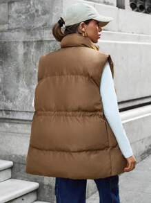 EURMUSE Zip Up Drawstring Waist Vest Puffer Coat - Brown - View 2