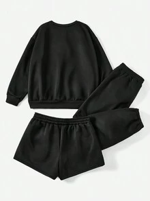 Flirla Plus Size 3-Piece Set, Sweatshirt Suit, Casual Sports Style, Versatile, Round Neck Long Sleeve Sweatshirt, Sweatpants, Long Pants & Shorts Multi-Piece Set - Black - View 2