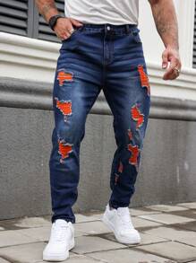 Manfinity EMRG Pantalones vaqueros de mezclilla desgastados con botones delanteros y múltiples bolsillos para hombres de talla grande, para uso casual de todos los días