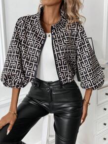 Chiquease Chaqueta deportiva casual con cremallera, manga farol y estampado geométrico de para mujer, manga larga