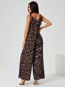 SHEIN PETITE Women's Leopard Print Lace-Up Loose Jumpsuit Perfect For Fall - Brown - View 2