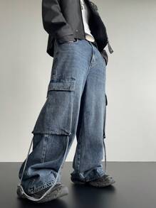 Manfinity Denimwave بنطال جينز واسع عتيق الغسل من اللون الأزرق الرمادي والأزرق البحري متعدد الجيوب للرجال - ازرق ضبابي - مشاهدة 5