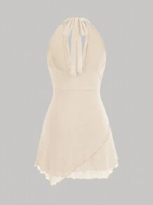 Opulessa Solid Color Knitted Mesh See-Through Sexy Dress, Draped Neck With Halter Strap, Open Back Design For Women's Vacation,Bachelorette Dress