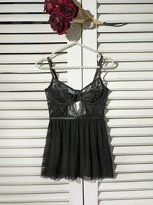 Charlaine 女士纯色蕾丝拼布镂空吊带性感睡衣连衣裙 - 黑色 - 查看 6