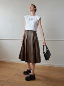 MOTF STUDIO PU 皮革拉链后喇叭中长裙