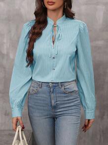 SHEIN LUNE 女士春夏系带领条纹长袖宽松优雅通勤衬衫 - 藍色 - 查看 5
