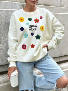 EURMUSE Áo nỉ thêu chữ và hoa cho mùa thu đông - trắng - Xem 5