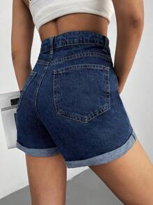 EURMUSE High Waist Roll Up Hem Denim Shorts - Dark Wash - View 2