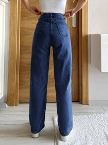 SHEIN PETITE High Waist Straight Leg Jeans - Blue - View 2