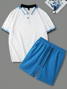 Manfinity Homme Men's Summer Casual Striped Colorblock Short Sleeve Polo Shirt And Shorts Set - Blue and White - View 3