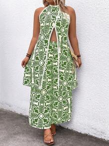 Breezaya Conjunto informal de 2 piezas de talla grande para vacaciones con parte superior halter de espalda dividida con estampado all-over y pantalón de pierna ancha