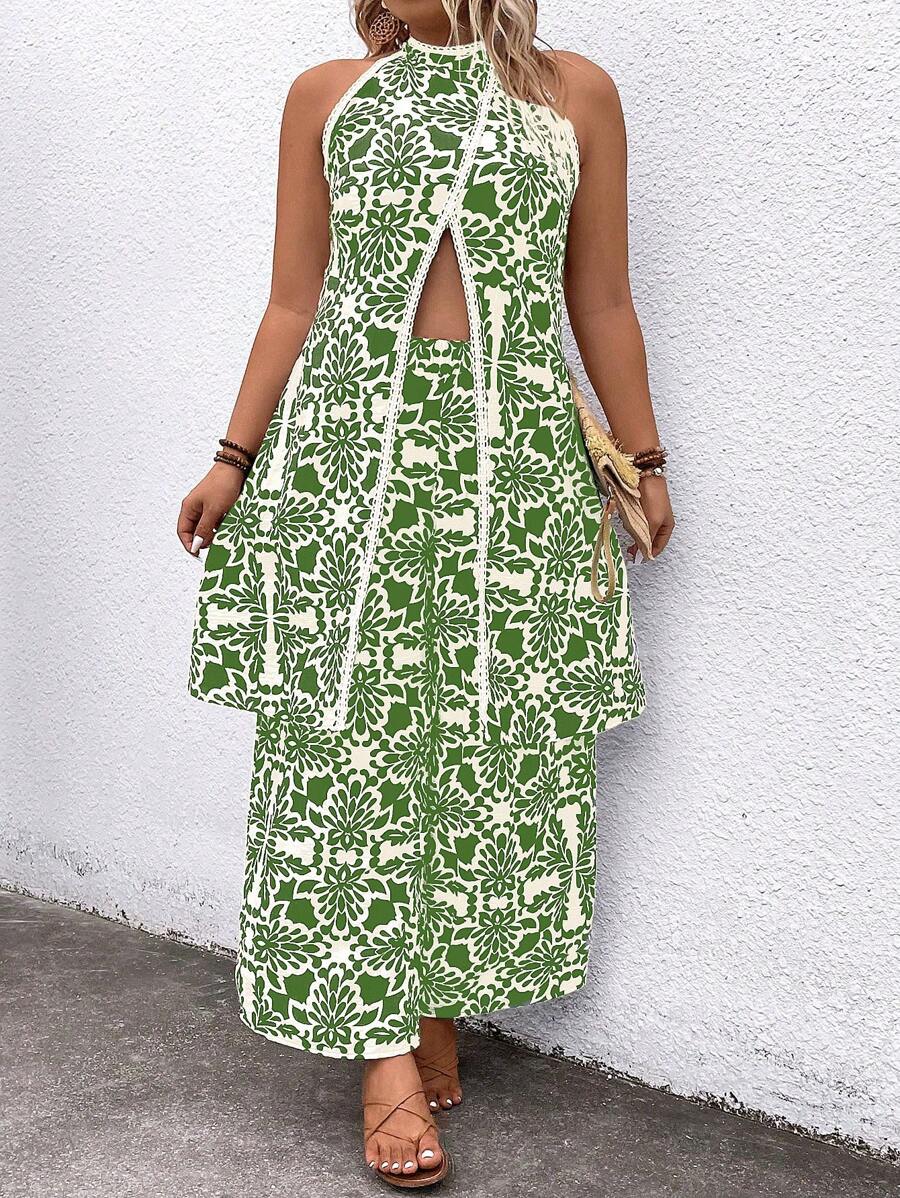 SHEIN Clasi Plus Size Vacation Casual All-Over Print Split Back Halter Top & Wide Leg Pants 2Pcs Set - Multicolor - View 1