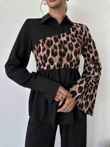 Firerie Women's Elegant Commuter Blouse Leopard Print Asymmetric Color Block Long Sleeve Shirt