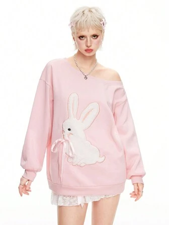 Kawaii Women's Spring And Autumn Casual Sweet Asymmetric Collar Rabbit Embroidered Bowknot Decorated Sweatshirt